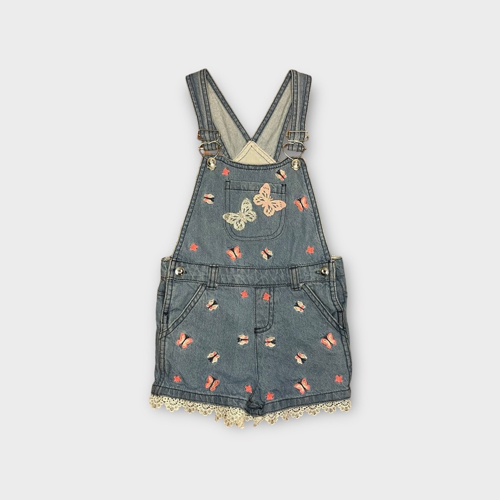 Little Lass Butterfly Embroidered Lace Trim Shortall Overall